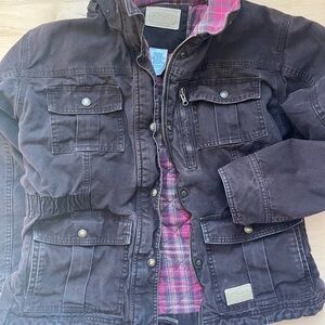 Women's Brown canvas Jacket with Pink Plaid Lining